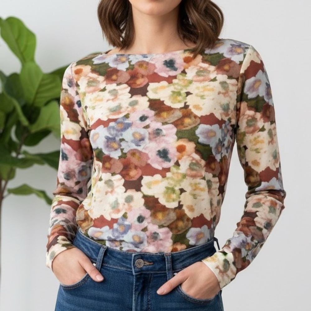 CHARLIE B Printed Ruched Mesh Top Size Large